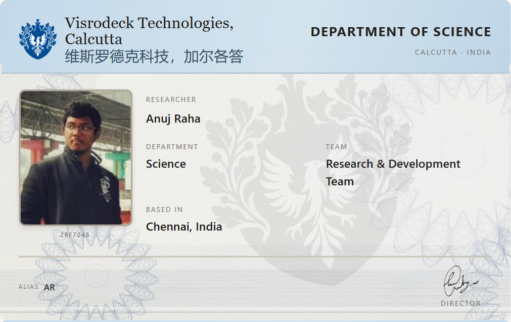 Visrodeck Technologies ID card for Anuj Raha, ID 26F7048